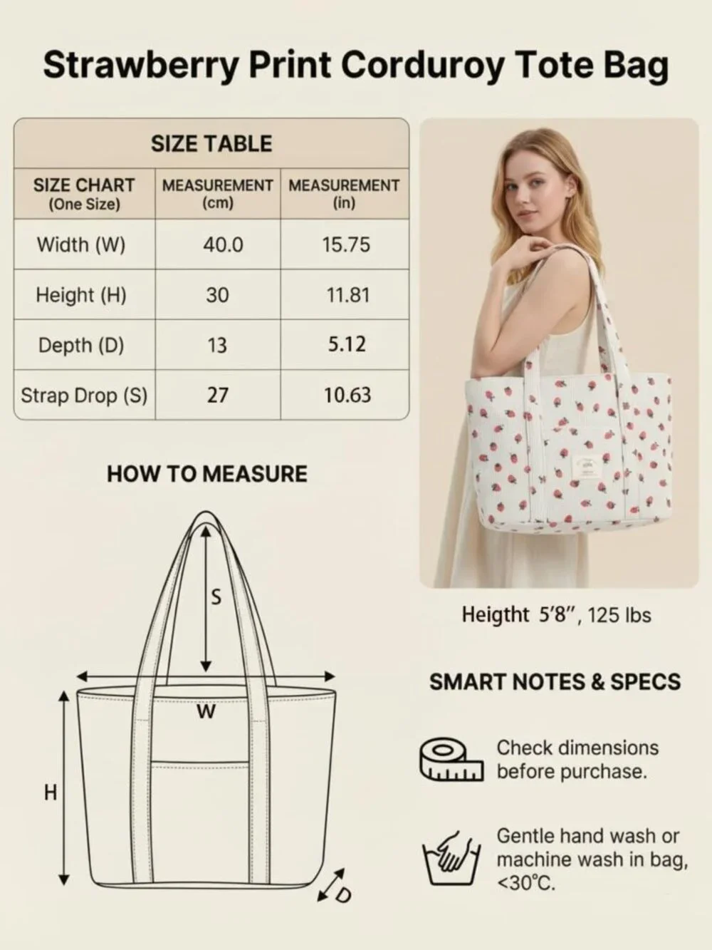 Stylish Large Corduroy Tote Bag - Zippered Shoulder Bag with Pockets for Women